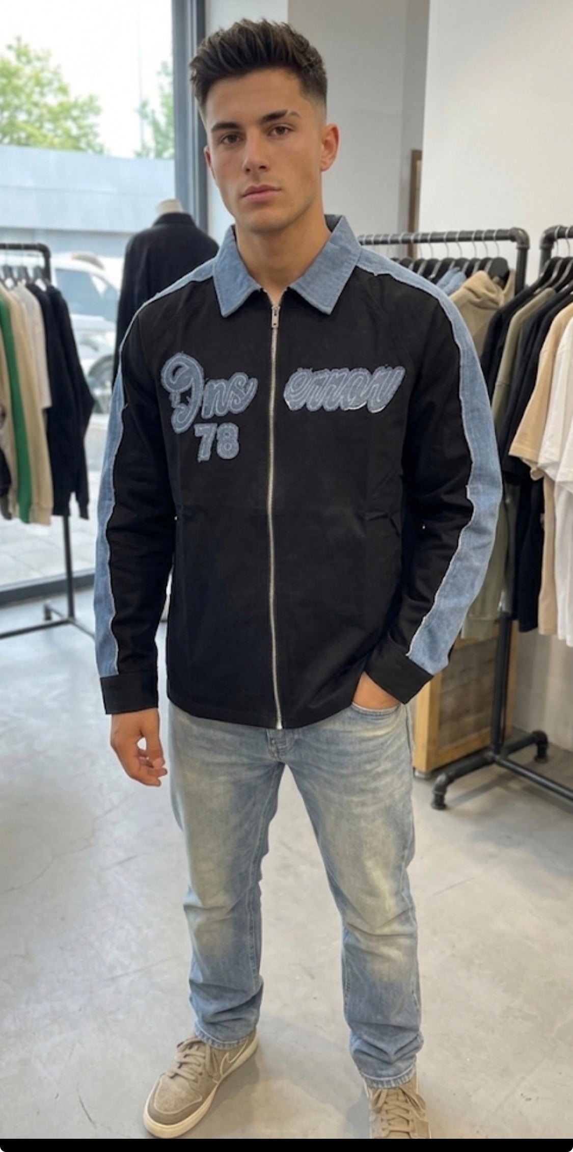 Vogue Design Black Colour Blue Denim Dnserrar 78 Print With Zip Full Sleeve Imported Men’s Shirt 1009