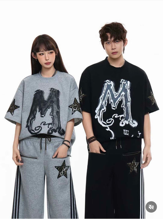M Four Black Colour M Front Print Half Sleeve T-Shirt With Star Patch Lower Imported Unisex Coord Set 25SS-278#