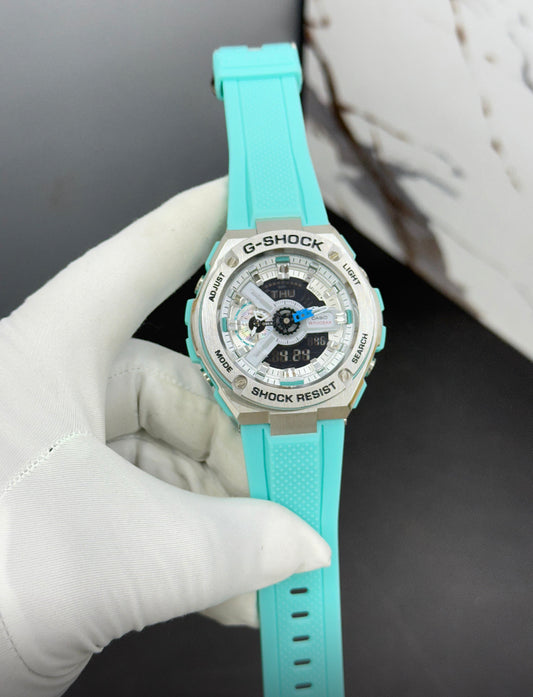 Hsg Teal Blue Silicone Strap Silver Metal Dial Water resistant Sports Men Watch 989492