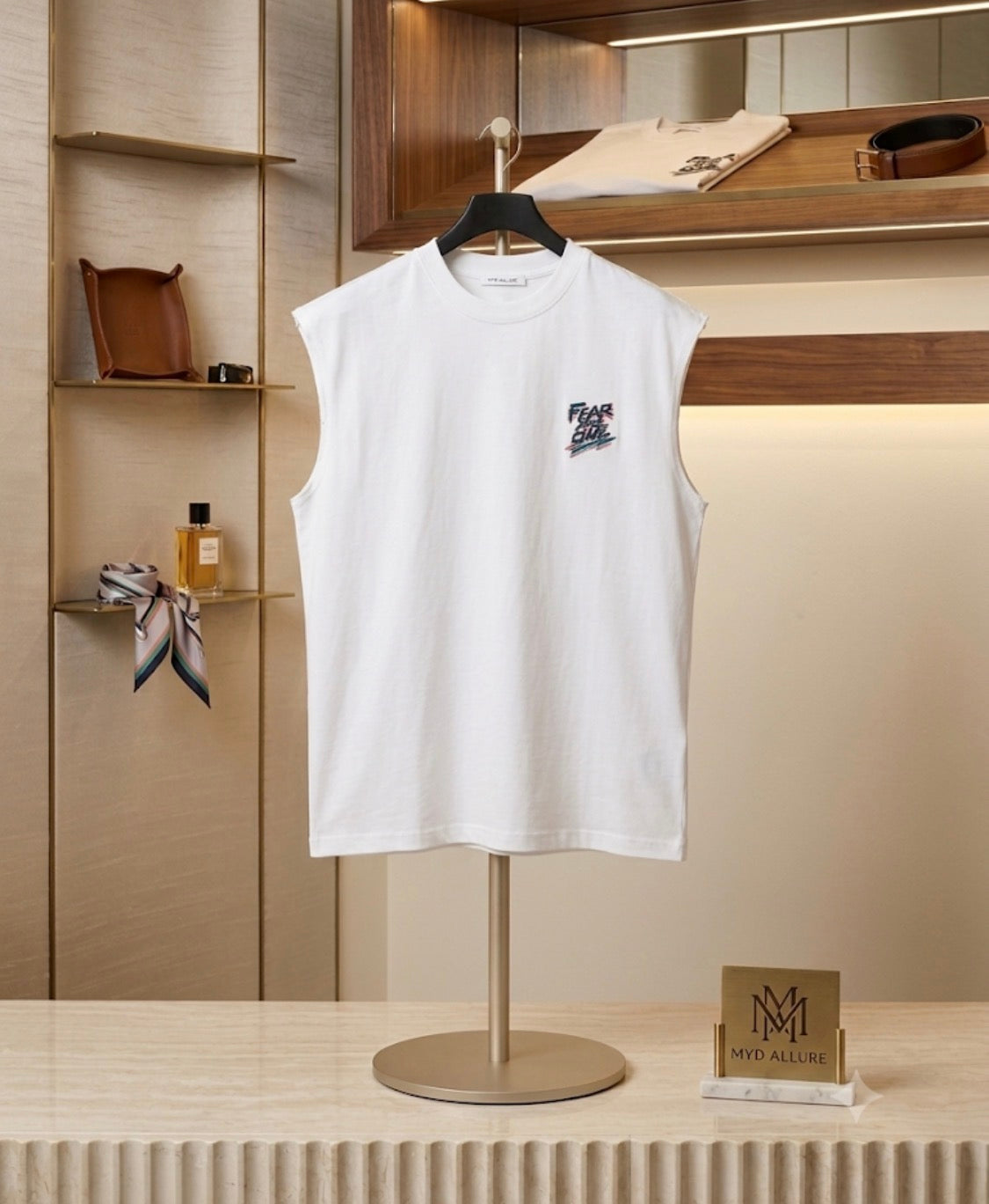 CHEN YI White Colour Fear No One Print Cut Sleeve Sando CY2712