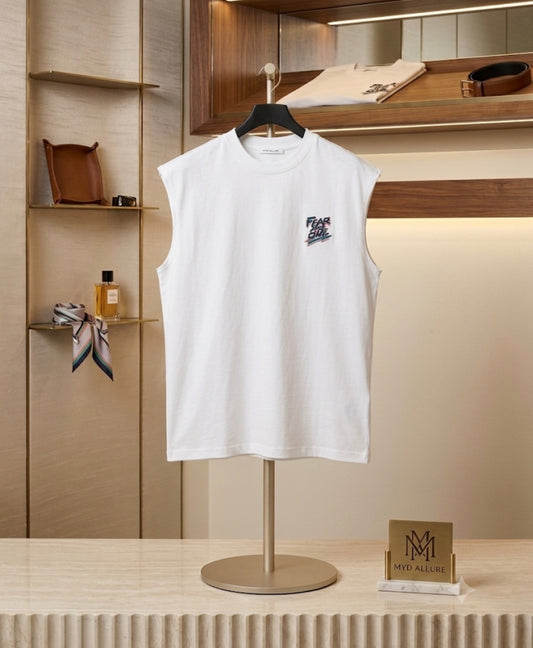 CHEN YI White Colour Fear No One Print Cut Sleeve Sando CY2712