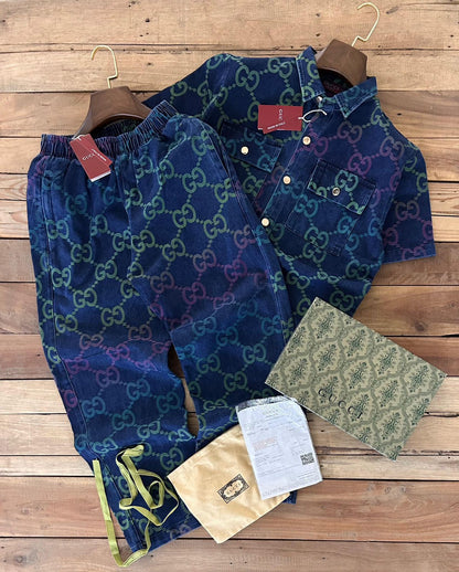Cug Blue Colour Green Purple GG Print Double Pocket Half Sleeve With Lower Denim Coord Set 989478
