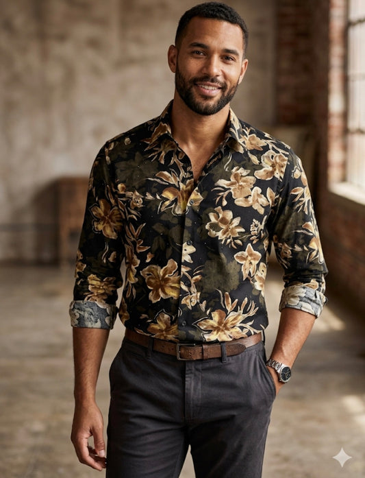 AQUARIUS Black Colour Cream Yellow Brown Green Flower Print Black Stud Premium Quality Full sleeve Shirt 990772