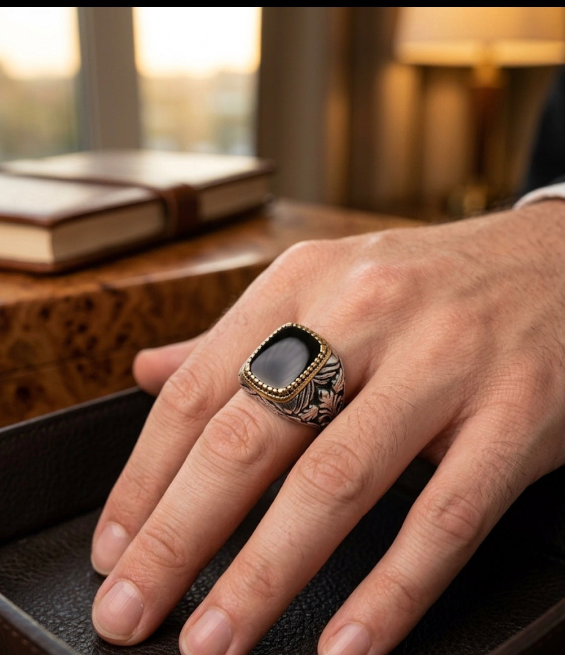Golden Outline Black Stone Stylish Silver Ring for Men 991096