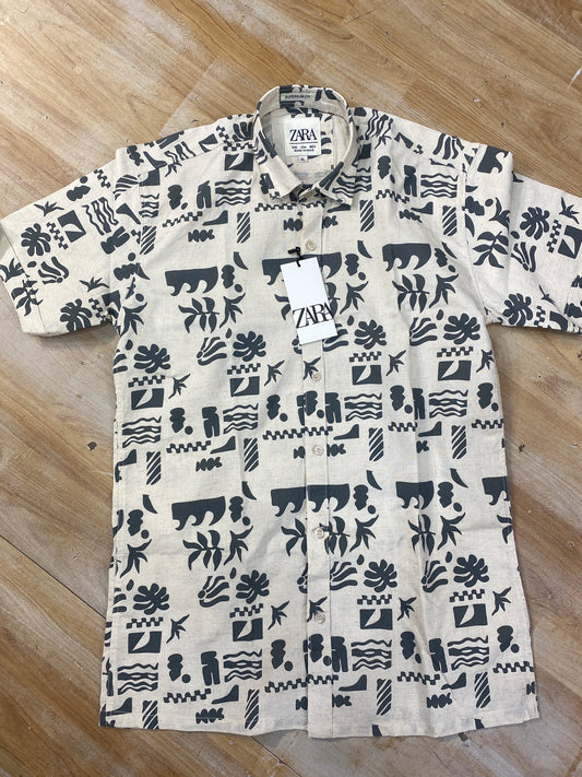 RAZ ZAR Cream Colour Gray Print Half Sleeve Linen Shirt 988988