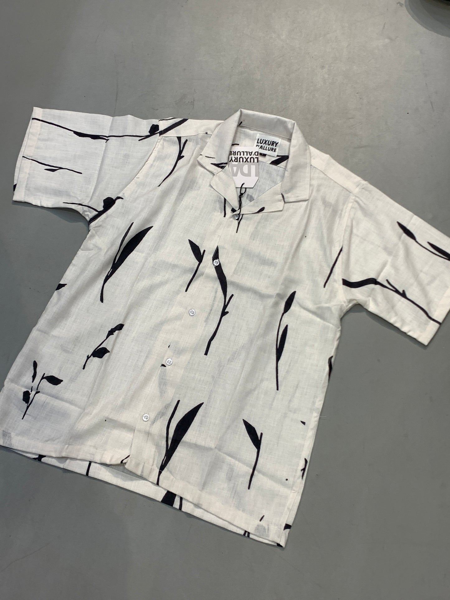 LDA White Colour Black Leaves Printed Half Sleeve Men’s Shirt 989636