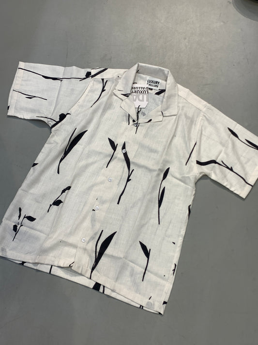 LDA White Colour Black Leaves Printed Half Sleeve Men’s Shirt 989636