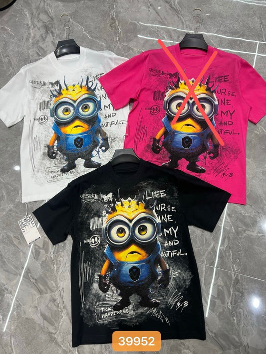 ALINDA HOMME White Colour Minions Stone Print Imported Oversized Unisex TShirt 39952
