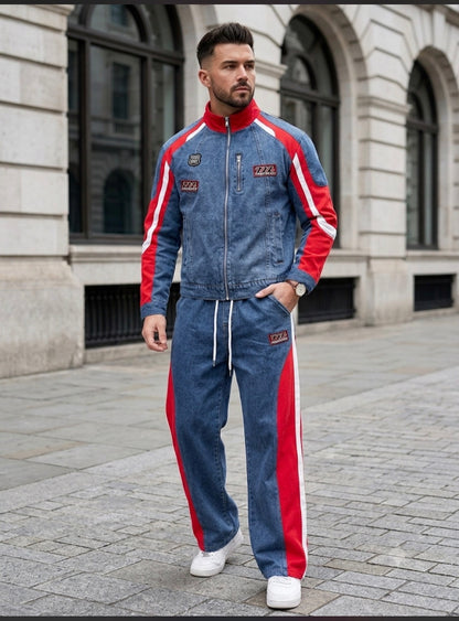 JMX Denim Red White Colour Manrton Print Jacket And Denim Cargo Imported Unisex Coord Set 991080