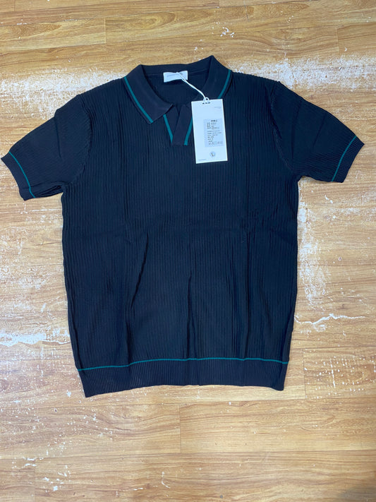 UOY Youdian Black Colour Knitted Premium Quality Unisex Green Lining Collar T-Shirt  P2010
