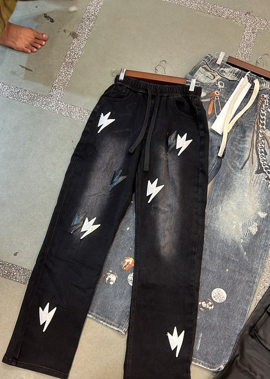 SOUXING Black Colour with Front Leather Patch Work Premium Quality Regular Fit Korean Denim Jeans S2156