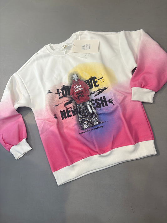 LDA White Pink I Got Lucky Full Sleeve Sweatshirt 4415