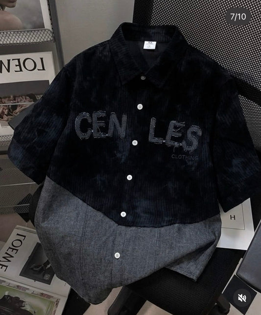 VOGUE DESIGN CENLES Black Colour With Grey Denim Half Sleeve Drop Shoulder Imported Men’s Shirt 2723