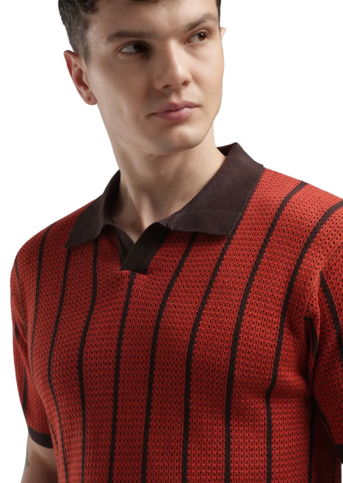 BUSA Orange Colour with Brown Lines Knitted Premium Quality Unisex Collar T-Shirt 2040