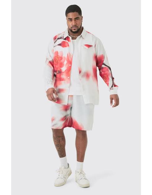 Booh Oob Man White Red Linen Look Pocket Detail Abstract Shirt Short 5045744678813