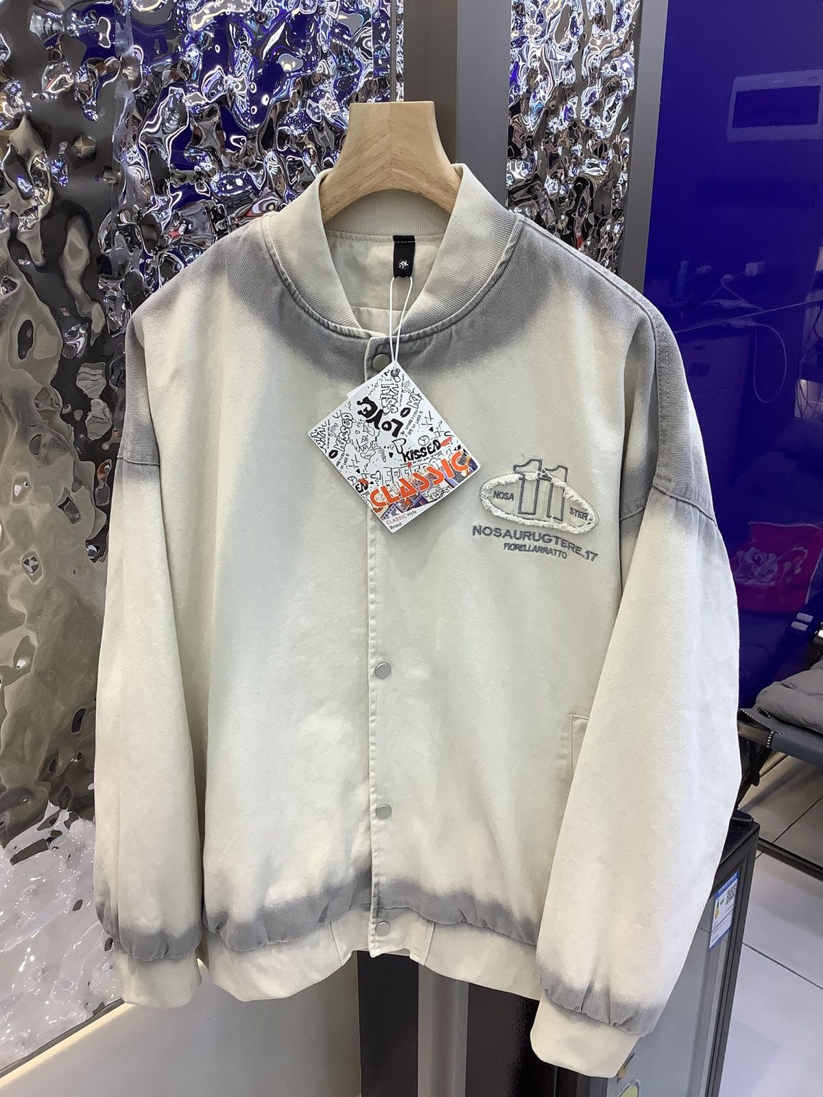 NOSAURUGTERE Cream Grey Denim With Back Embroidery Premium Quality Unisex Varsity Jacket 9507