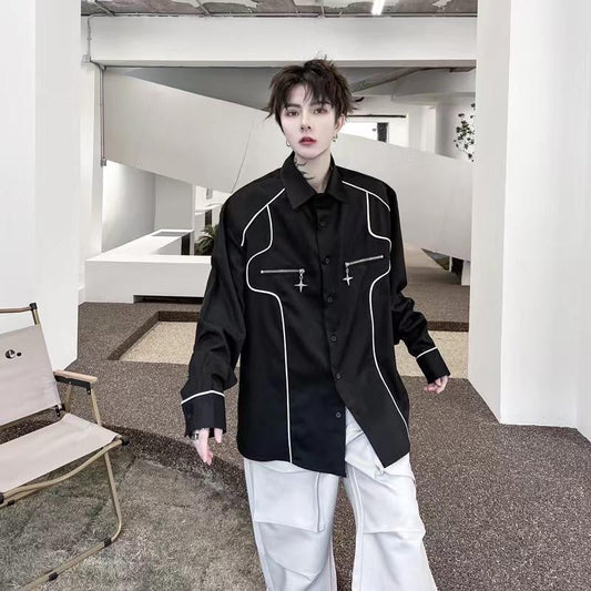 M 87 Studio Black Colour WITH white Line Design Korean Full Sleeve Shirt 7805