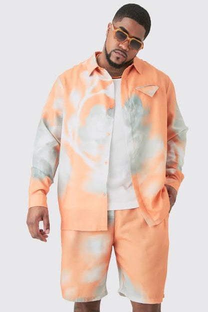 Booh Oob Man Orange Grey Linen Look Pocket Detail Abstract Shirt Short 5045744678851