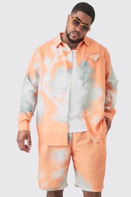 Booh Oob Man Orange Grey Linen Look Pocket Detail Abstract Shirt Short 5045744678851