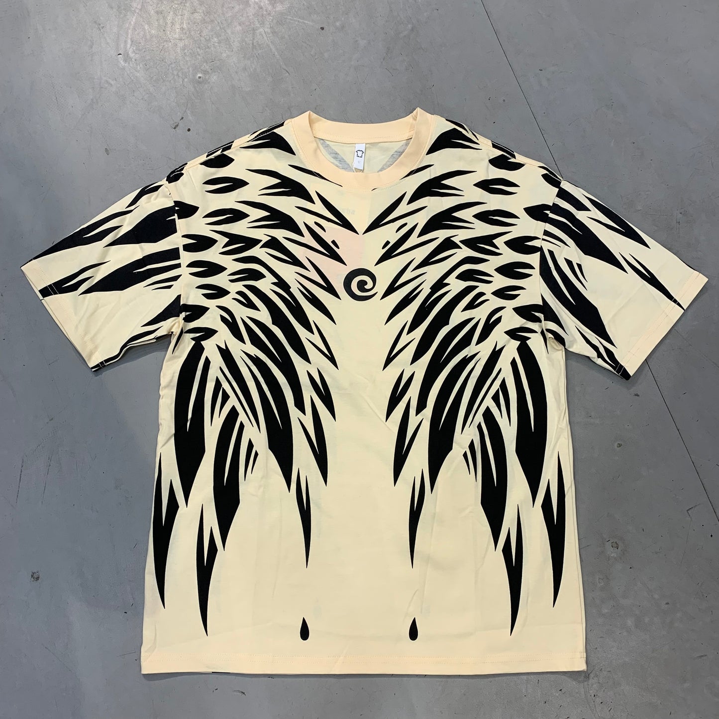 FASHION Cream Colour Black Wings Print With Imported Oversized Unisex TShirt 9004