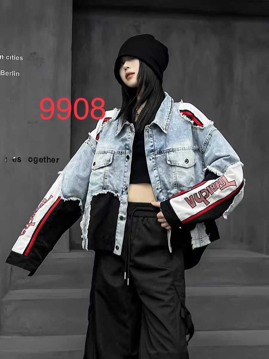 Q.W.Z Thaicha Sky Blue Rugged Denim With Black Red Colour Imported Unisex Crop Shacket 990729