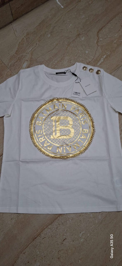 Bal Lab White Colour Gold Chain Print Shoulder Gold Button Round Neck 13272