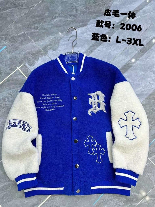 Angles Blue Colour With Cross B Embroidery Design Premium Quality Sheep Fabric Versity Jacket ￼2006