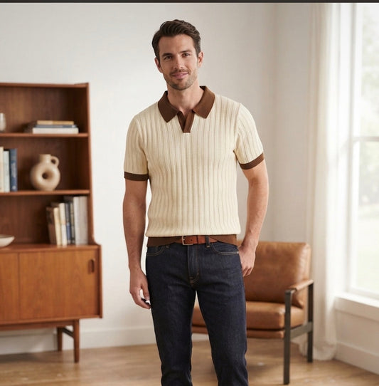 Ultimate Details Cream colour Knitted Brown Collar Premium Quality Unisex Collar T-Shirt K87017
