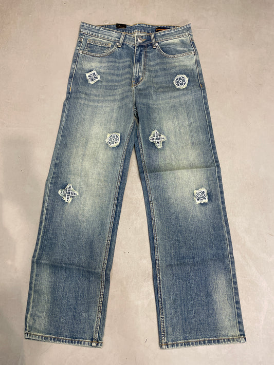 UOL LOU Blue Colour Greenish Shade Flower Patch Premium Quality Loose Fit Imported Denim Jeans 3004B-A