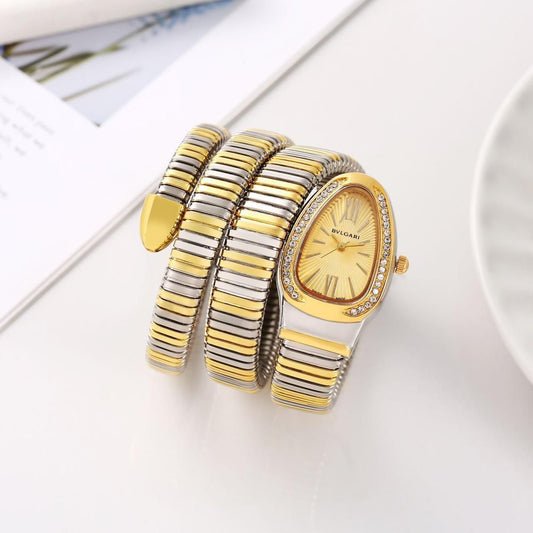 LVB Golden Silver Snake Chain Ladies Stud Golden Dial Watch 989346