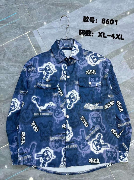 Unique Design X Original Blue Color With Multiple Texted Print Fashion Classic Peper Cotton Fabric Shirt Shackets 8611