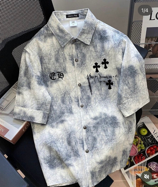 VOGUE DESIGN RHC CHR Cream Faded Blue Colour Black Patch Half Sleeve Drop Shoulder Imported Men’s Shirt 2671