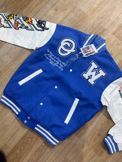 Off White Blue Colour With Front Back Patch Work Premium Quality Varsity Jacket 909102