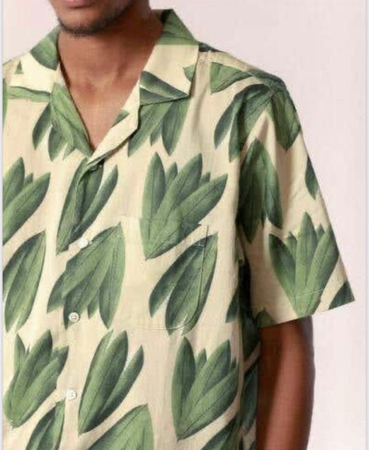 LDA Beige Colour Green Leaves Printed Half Sleeve Men’s Shirt 989627
