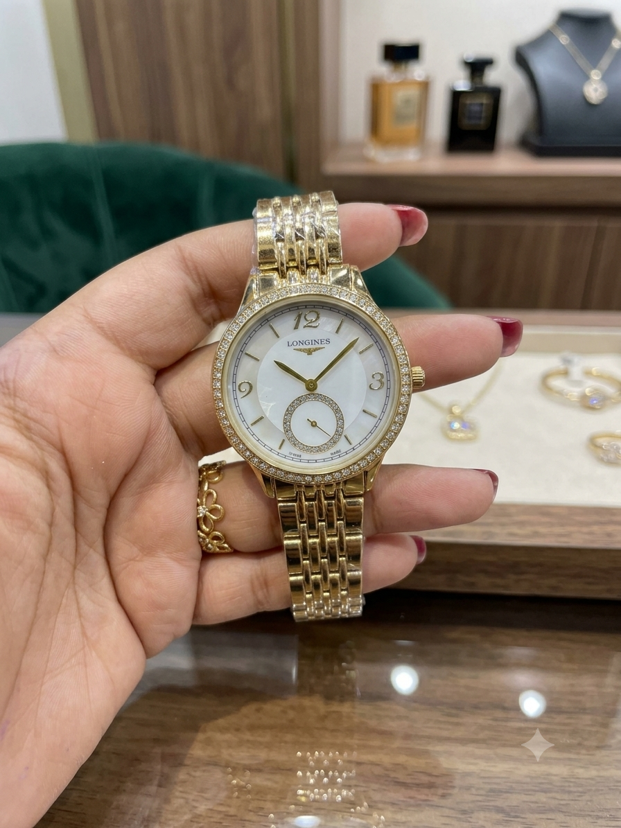 NOL LON Golden Chain Stud Ring White Dial Ladies Watch 991405