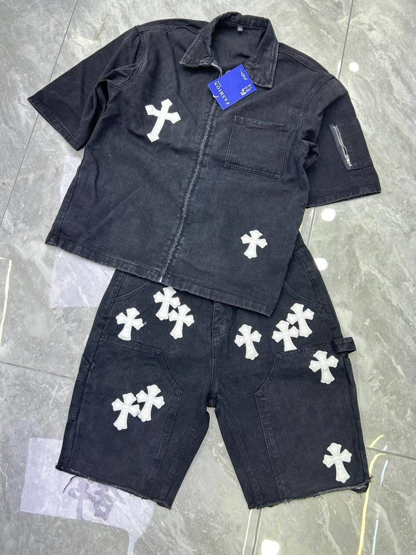 CRO ORC Chrome Heart Black Colour With Cross Design Premium Quality Denim Coord set 2818