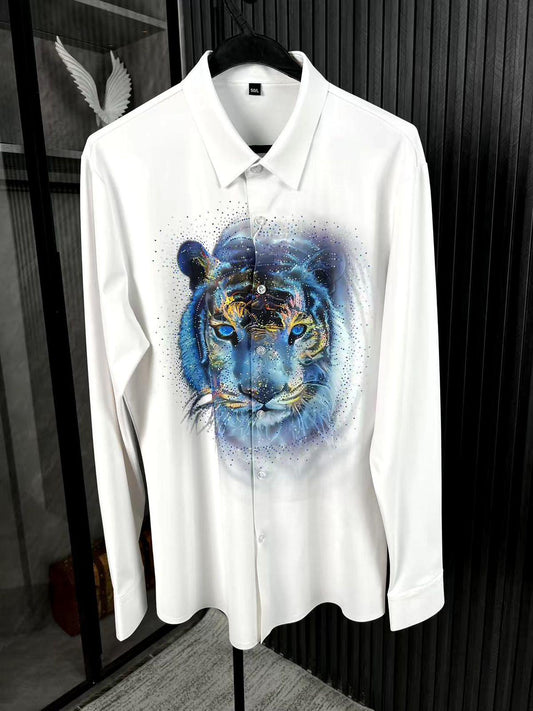 Modenggeda White Tiger Colour Stone Print Full Sleeve Imported Shirt 72569