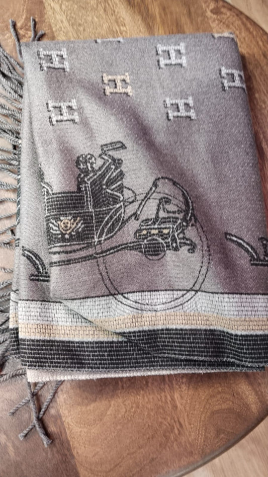 Her Reh Grey Colour With Black Colour Carriage with Horse Print Winter Muffler 0301