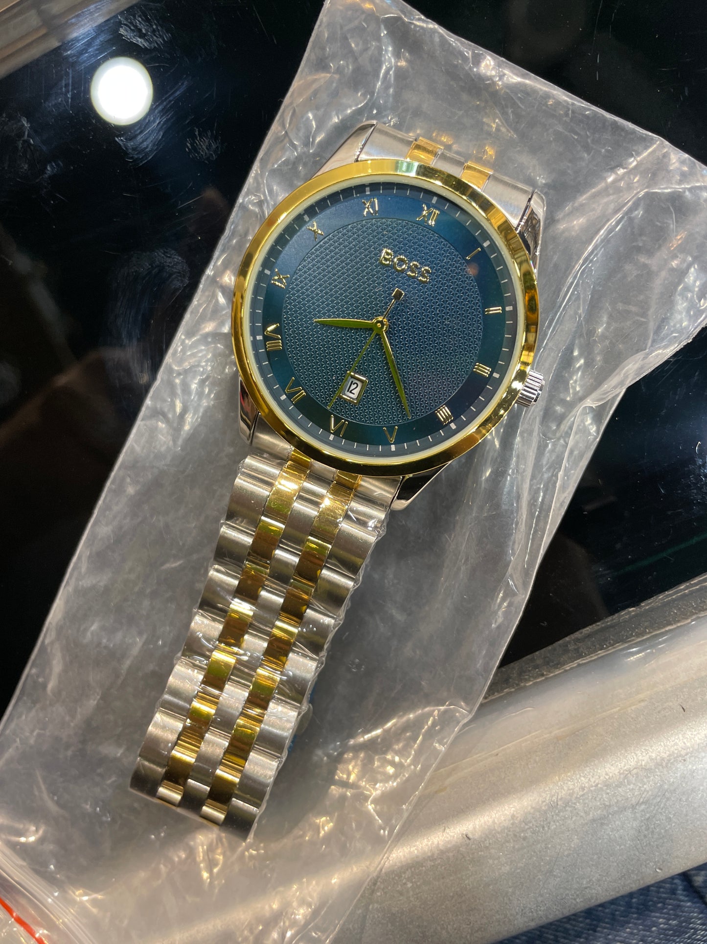 SOB BOS Blue Dial Silver Gold Chain Date Working Men’s Watch  990641