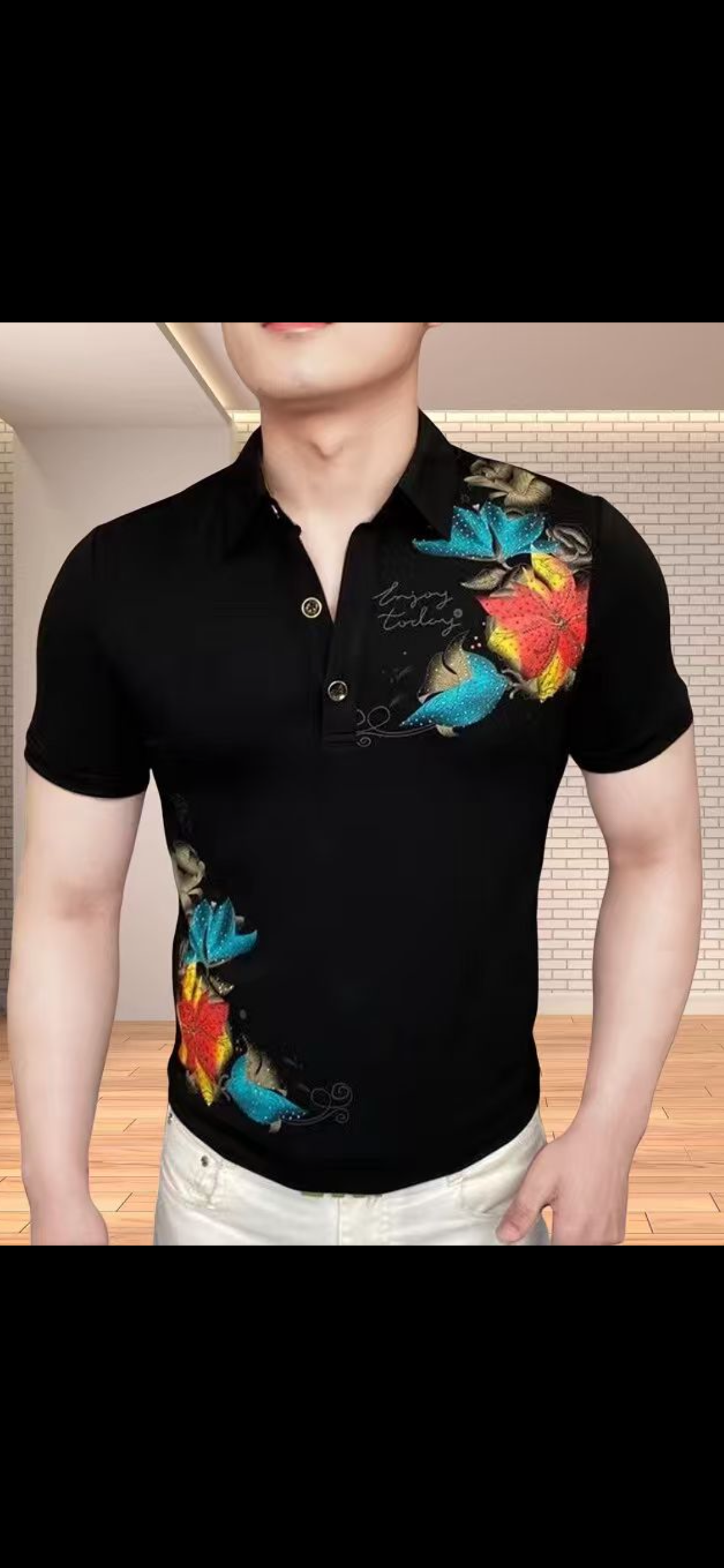 Mozhi Fashion Black Colour Red Sky Blue Flower  Half Sleeve Imported Collar T-Shirt DJ35130
