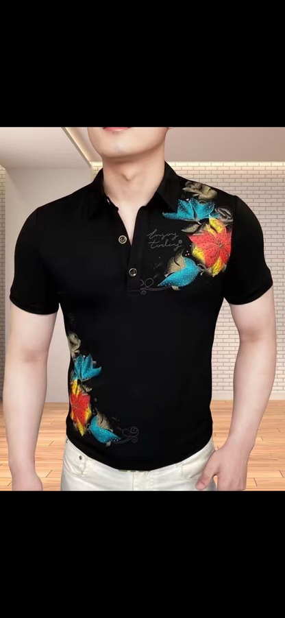 Mozhi Fashion Black Colour Red Sky Blue Flower  Half Sleeve Imported Collar T-Shirt DJ35130