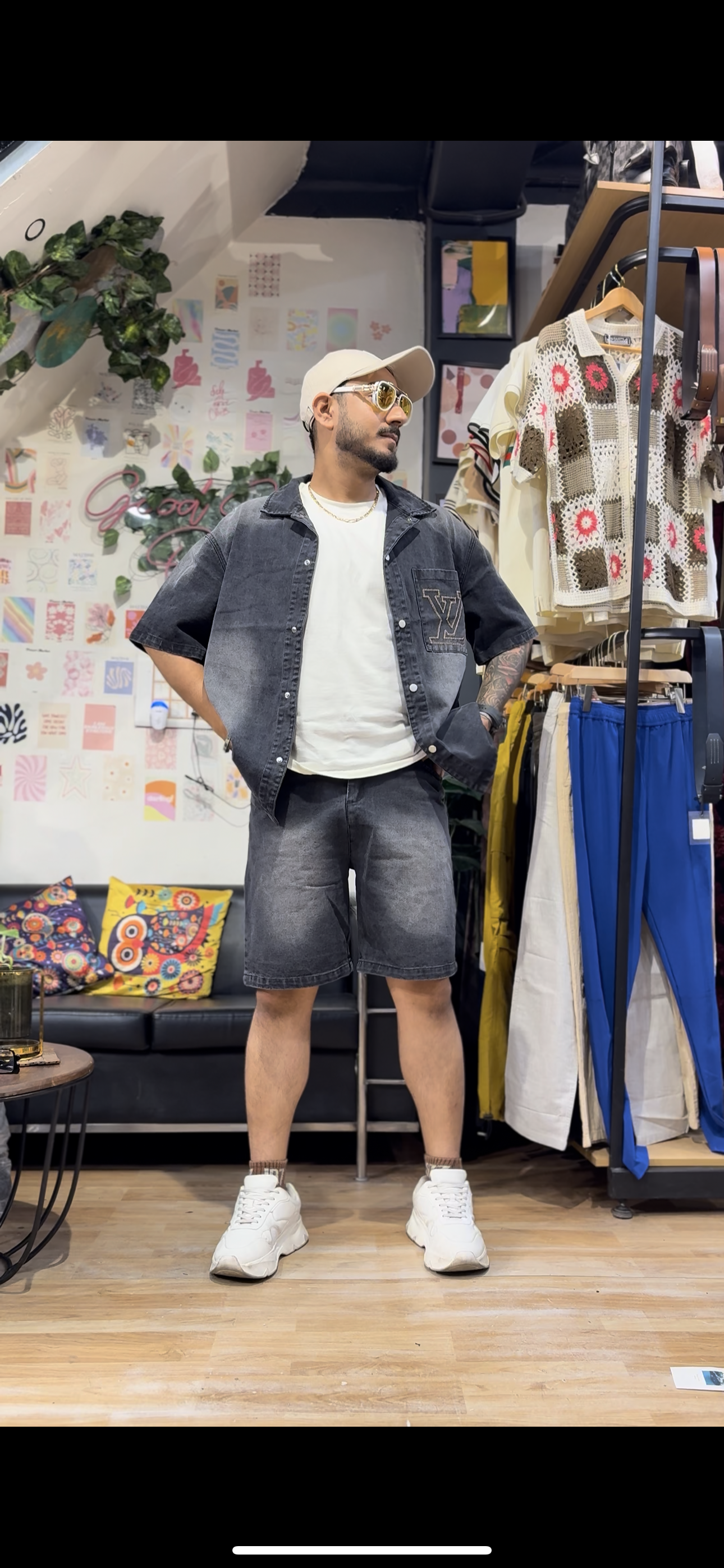 Uol Lou Black Grey Half Sleeve Shirt With Shorts Denim Coord Set 88027