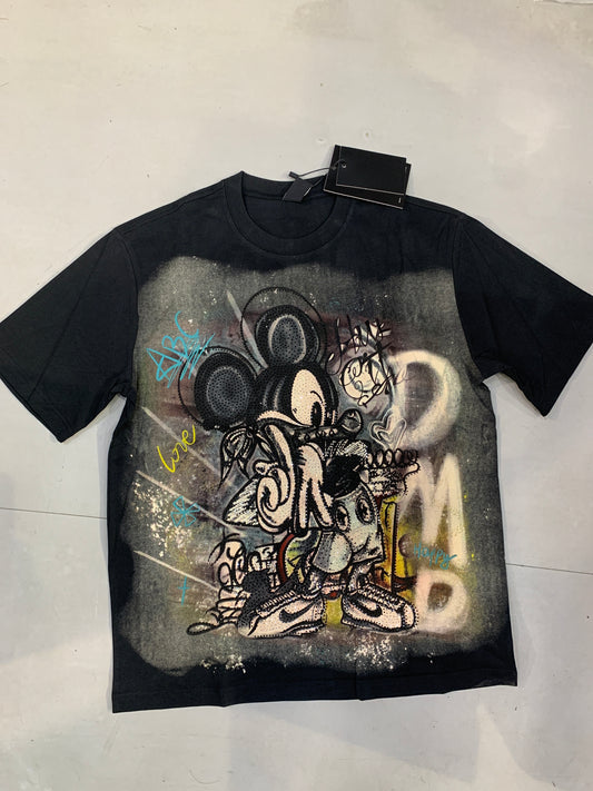 ALINDA HOMME Black Colour ABC LOVE Micky Stone Print Imported Oversized Unisex TShirt 39928