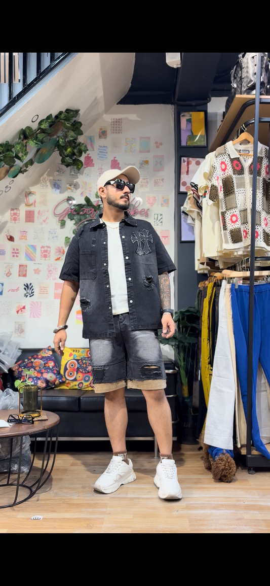 Chr Rhc Black Grey Half Sleeve Shirt With Shorts Denim Coord Set 76501