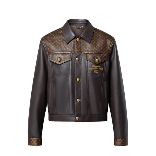 Uol Brown Colour Monogram Print Malletier Leather Bomber Jacket 989767