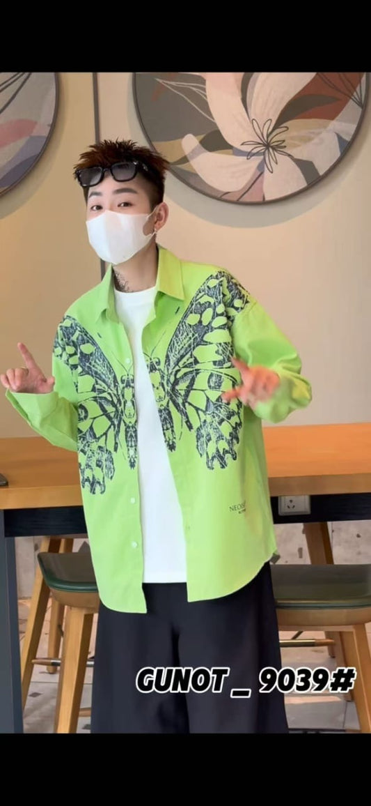 G.N Green Colour Butterfly Print Oversized Men’s Shirt 9039