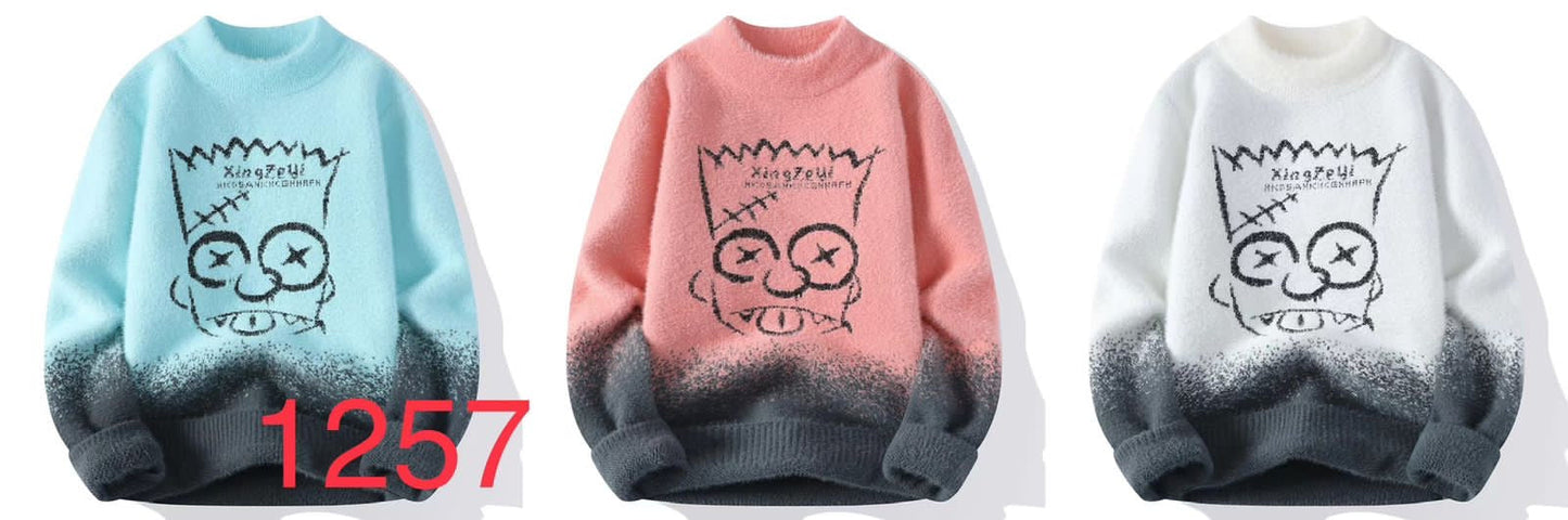 King Zeyi Peach Grey Colour with front Simpsons Speckled Pullover with Ribbed Hems Sweater 12570