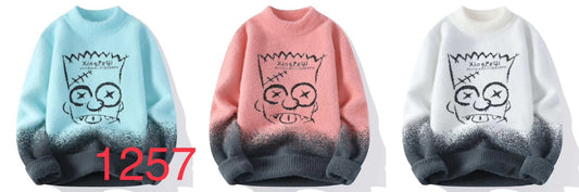 King Zeyi Peach Grey Colour with front Simpsons Speckled Pullover with Ribbed Hems Sweater 12570