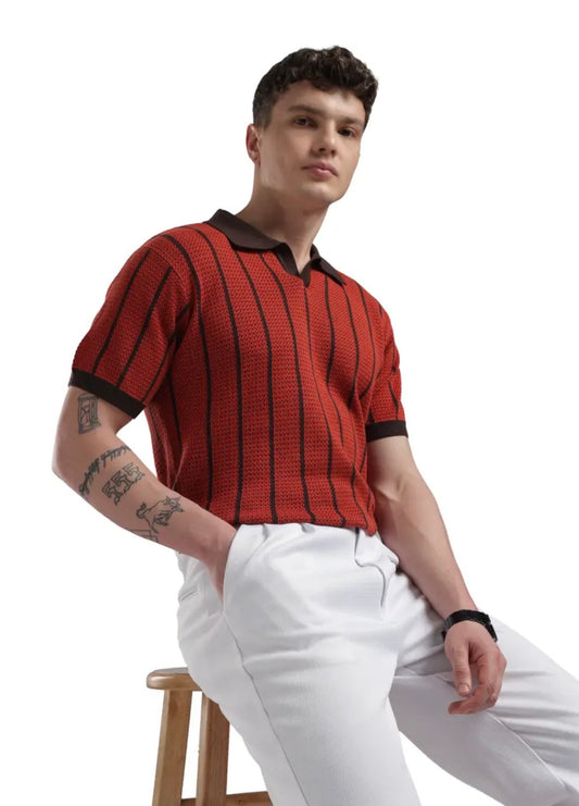 BUSA Orange Colour with Brown Lines Knitted Premium Quality Unisex Collar T-Shirt 2040