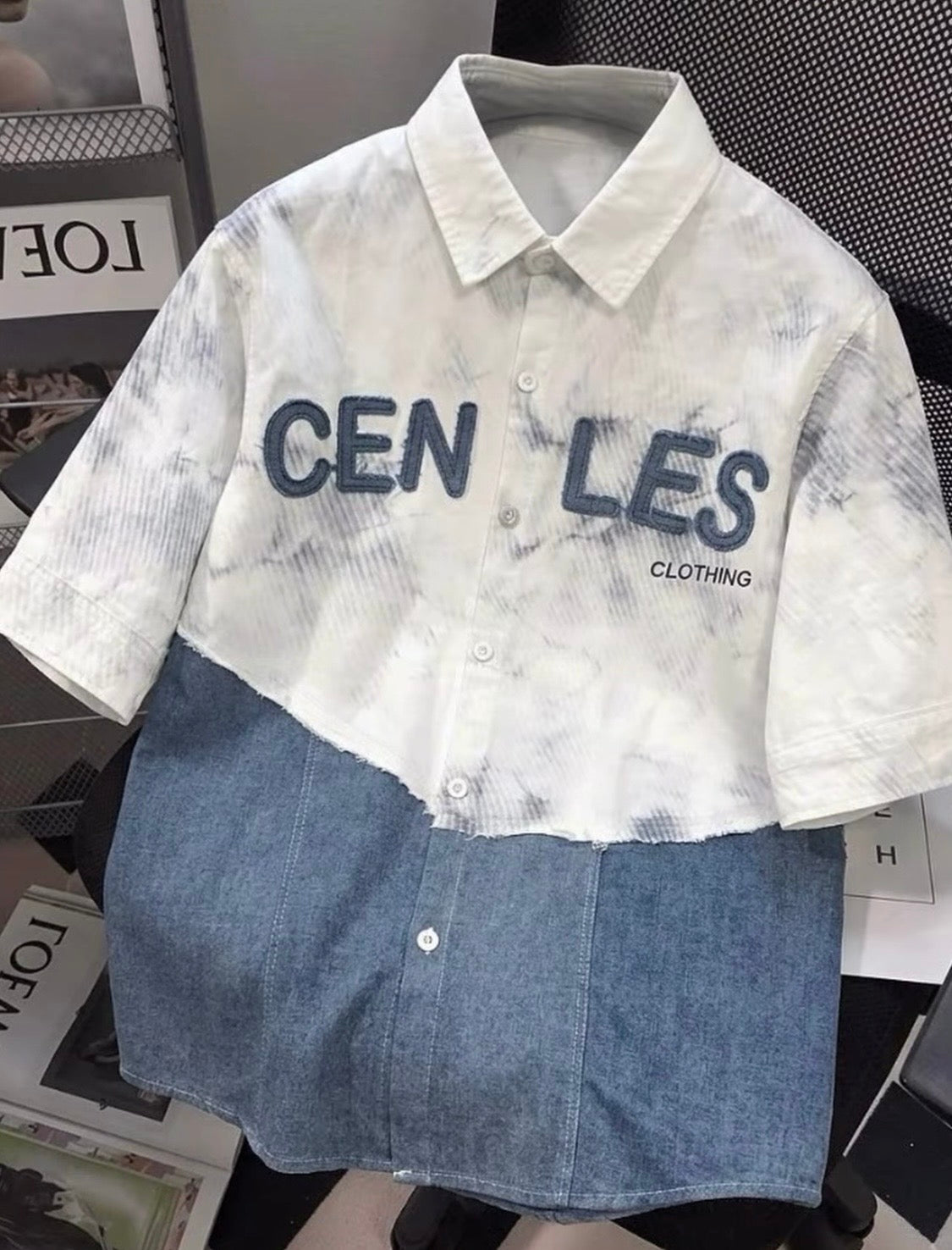 VOGUE DESIGN CENLES Cream Colour With Blue Denim Half Sleeve Drop Shoulder Imported Men’s Shirt 2723